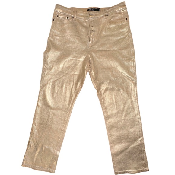 Ralph Lauren | Black Label High Rise Straight Ankle Gold Shimmer Jeans - Size 14 - Picture 7 of 11